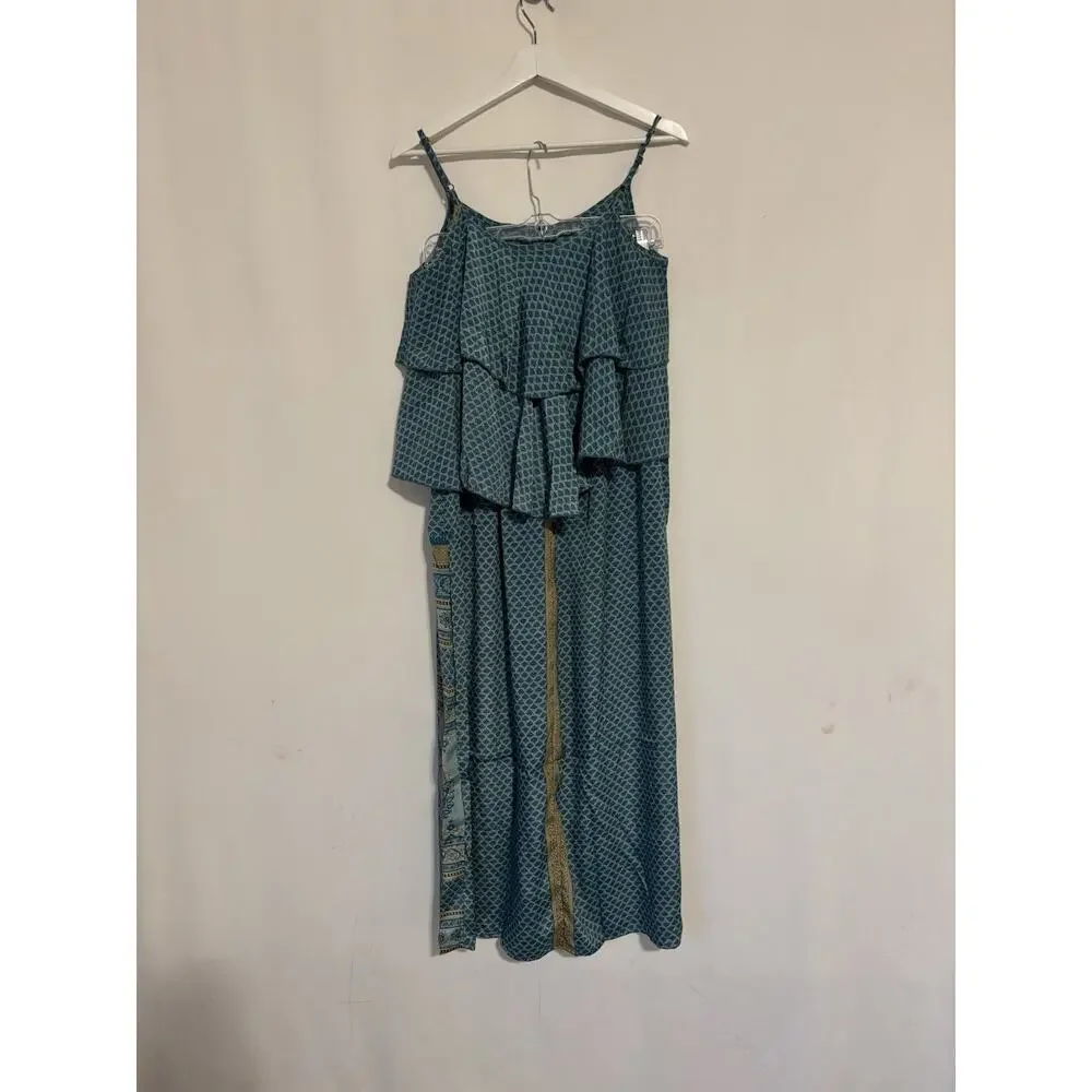 Raga Skirt Top Set Small Green Satin Floral Print Ruffles Boho S M New
